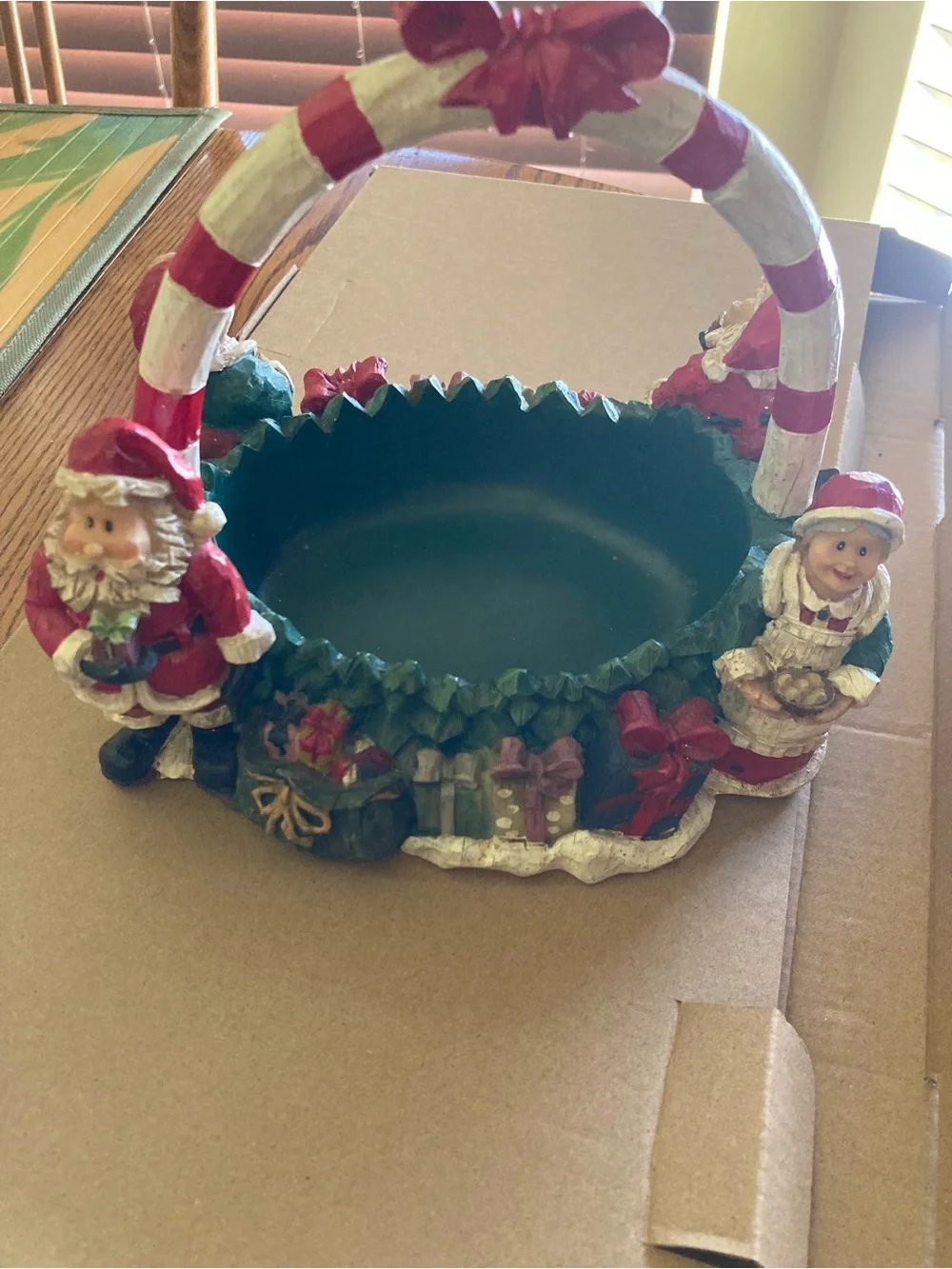 Festive Red & Green Santa Holiday Basket with Candy-Striped Handle VTG